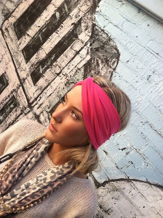 Pink Stretch Jersey Twisted Headband - Turban Wide Hippie Boho Headband head bands Hair Coverings