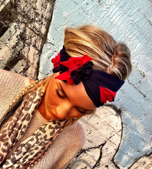 Stretch Jersey Red and Navy rosette Headband - Stretch Jersey Knit headband wide hair wrap hair covering head band