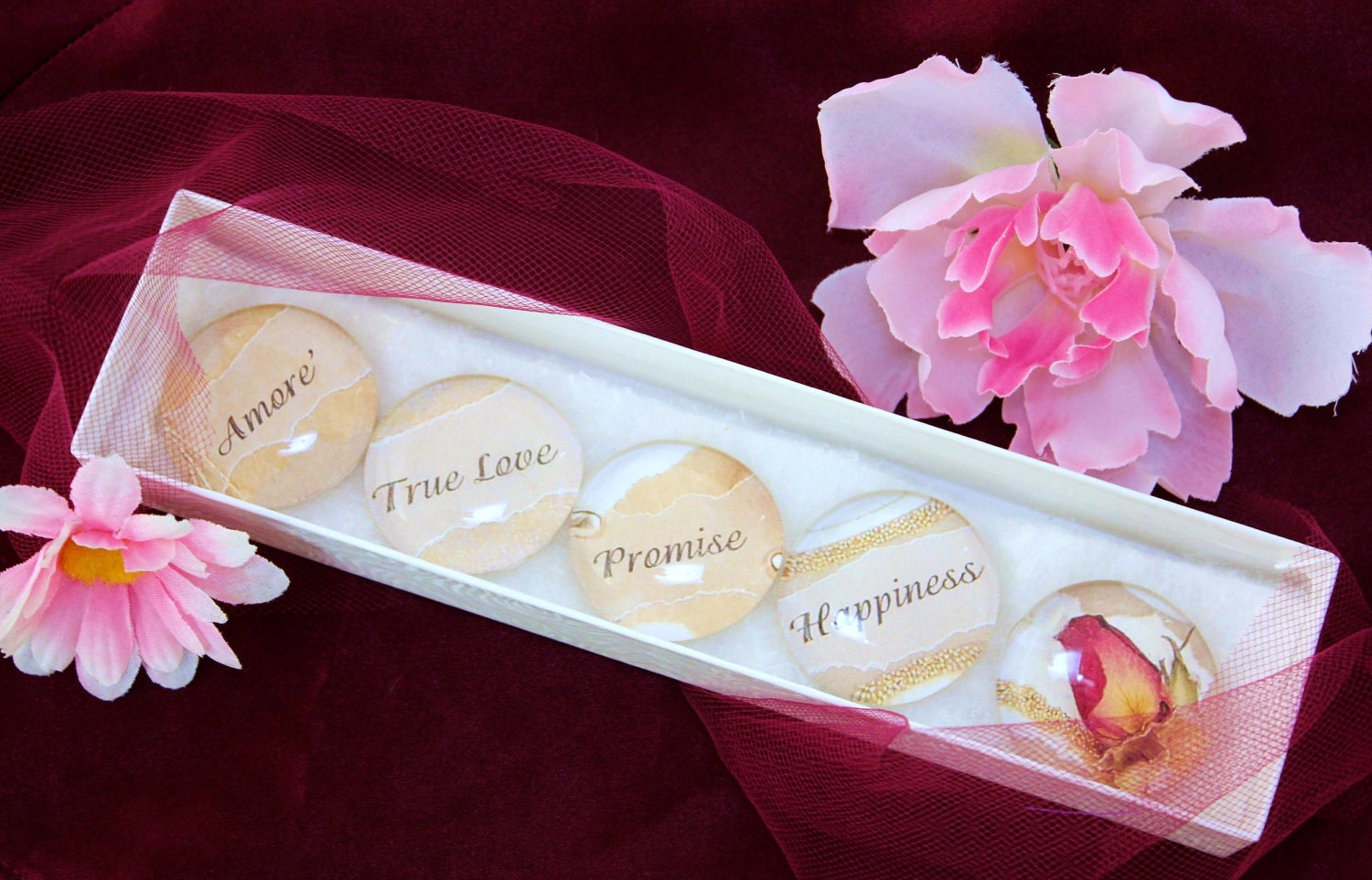 Valentine's Day Glass LOVE Magnets - set of 5 - in box