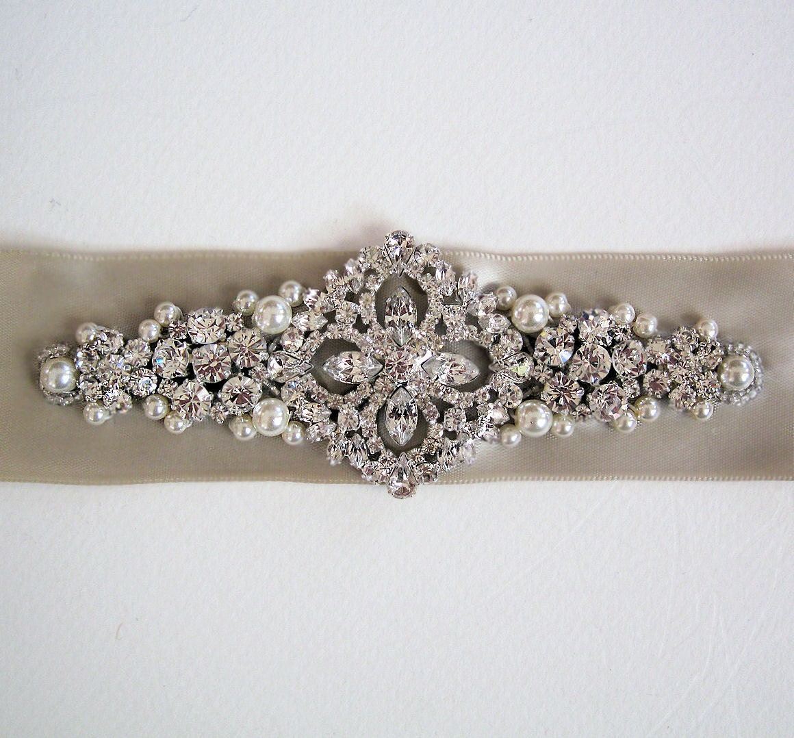 Modified Lovely rhinestone and pearl bridal sash, SHORTER rhinestone detail