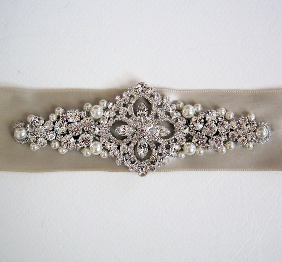 Modified Lovely rhinestone and pearl bridal sash, SHORTER rhinestone detail