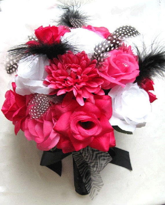 Wedding bouquet Bridal Silk flowers Hot Pink FUCHSIA BLACK WHITE feathers 