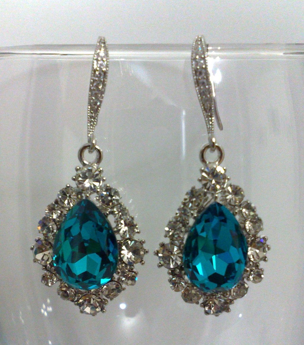 Teal Blue Peacock Inspired Bridal Earrings, Classic Oval Teardrop Swarovski Wedding Jewelry, BIJOUX TEAL