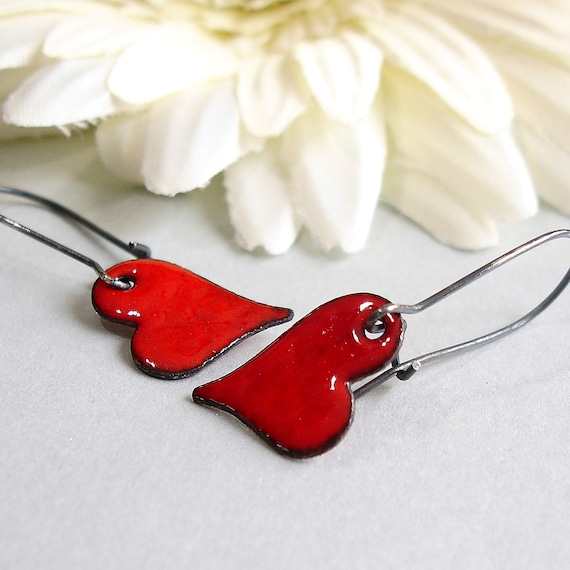 Red Heart Earrings, Valentine Enamel Earrings, Enamel Jewelry