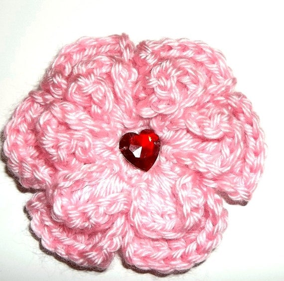 Crocheted Flower Barrette Soft Pink Heart Gem