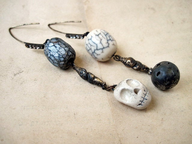 Theomeny. Long Asymmetrical Assemblage Earrings in Black and White.