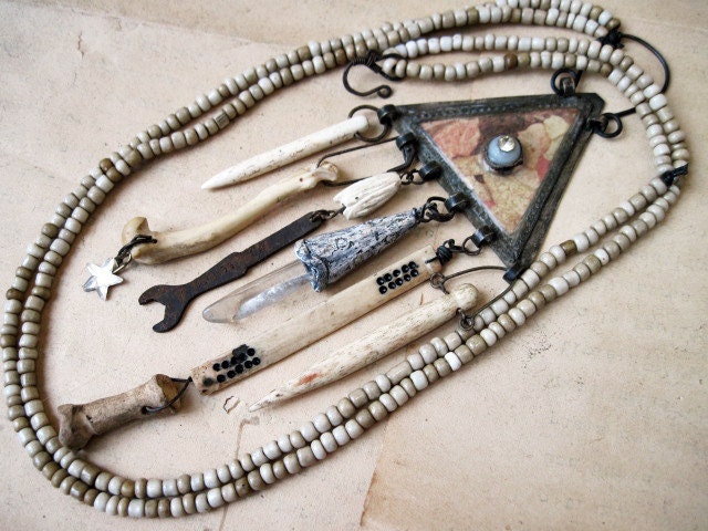 Bedlam. Pale Victorian Tribal Kuchi Assemblage Necklace with Bones.