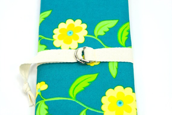 SHORT - dpns or Circular Knitting Needle Organizer Case - TURQUOISE ECLECTIC - 24 natural cotton pockets - Art Tool Case