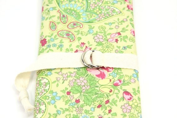 SHORT - dpns or Circular Knitting Needle Organizer Case - Belle Rose - 24 natural cotton pockets - Art Tool Case