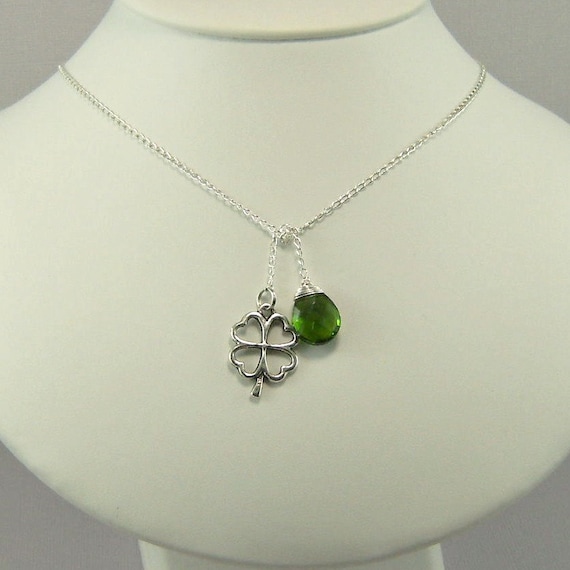 St. Patrick's Day Wedding, Wire wrapped green briolette, Four leaf clover charm, Lariat Necklace