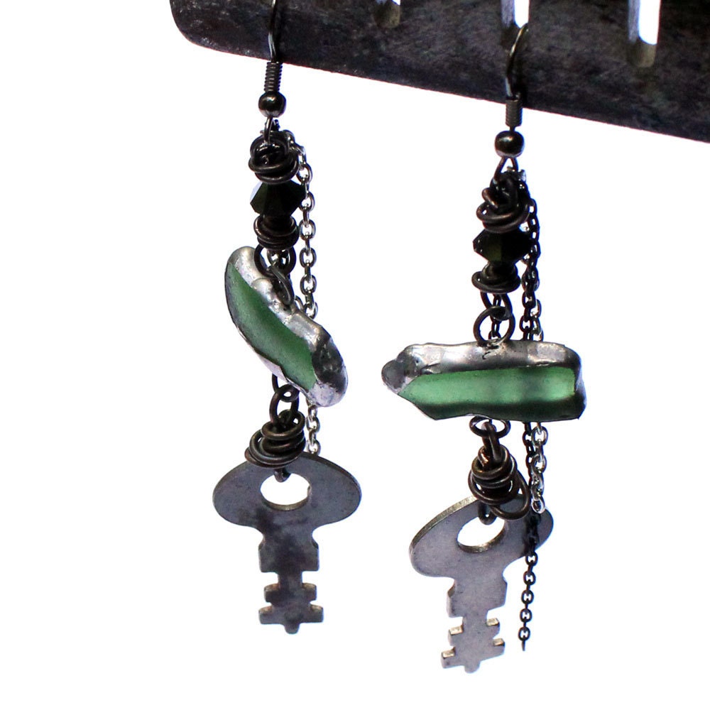Gypsy Fortune Teller Earrings green Sea Glass dangle Key Chains Belly Dance enchanting Witchy Heirlooms OOAK
