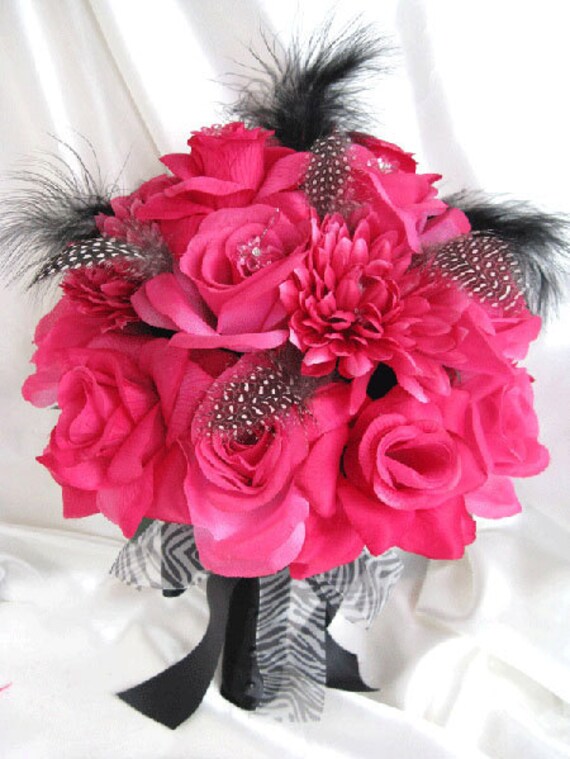 Wedding bouquet Bridal Silk flowers Hot Pink FUCHSIA BLACK feathers 