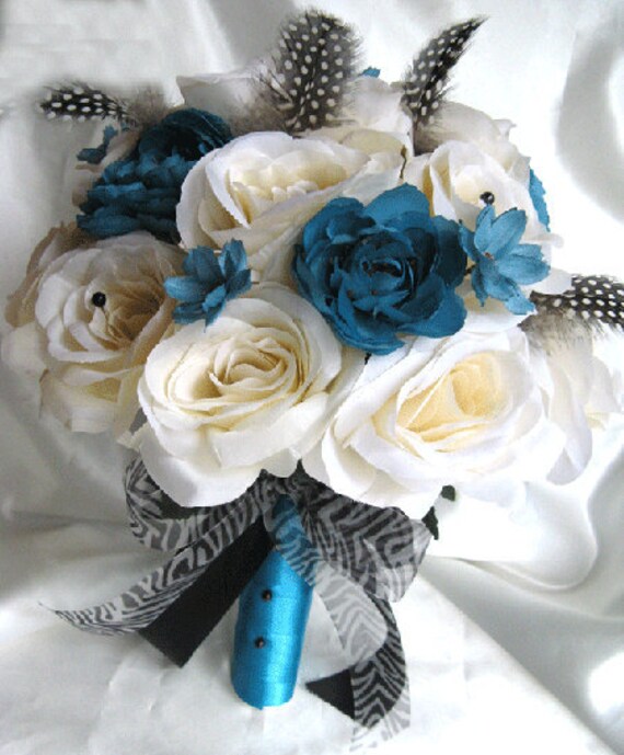 Wedding bouquet Bridal Silk flowers TURQUOISE CREAM BLACK feathers 17 pc 