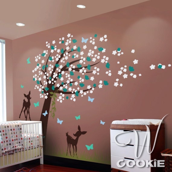 Fawns Cherry Blossom Tree with Butterflies - Nursery Wall Decal