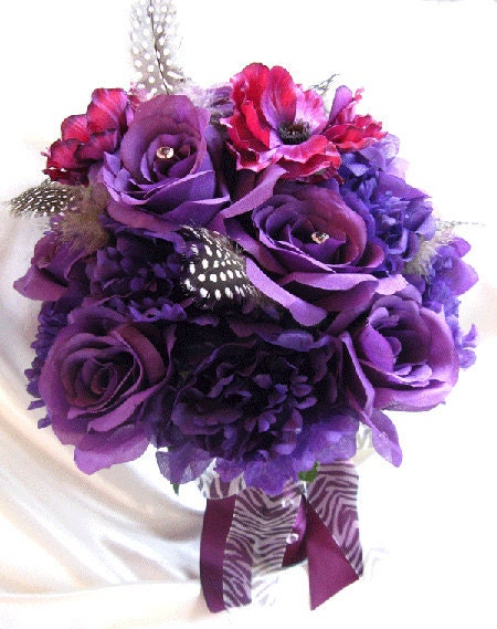 Wedding bouquet Bridal Silk flowers Cream PURPLE PLUM BLACK Feathers 17 pc 