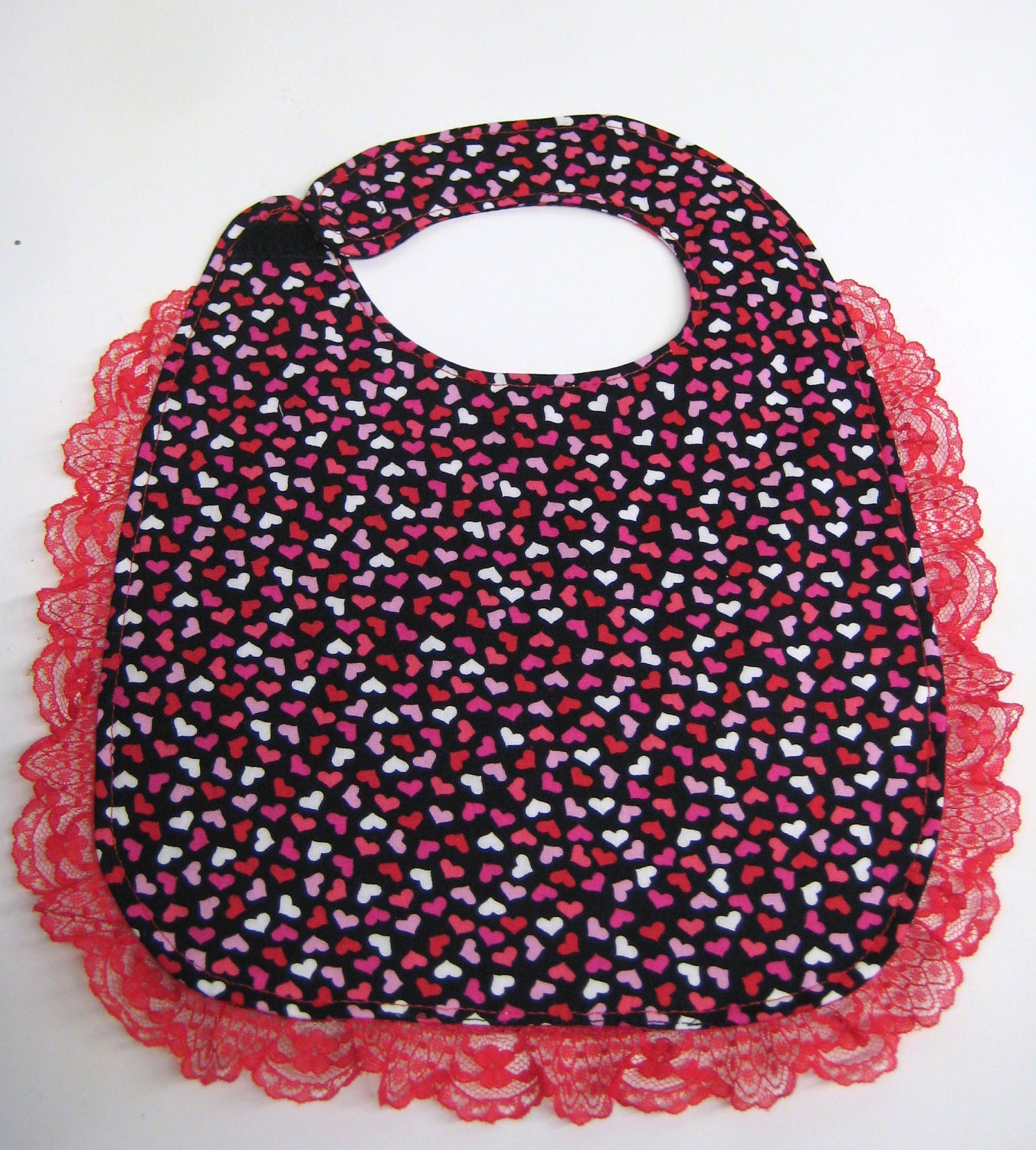 Valentine Baby Bib with Lace - Reversible.  Red, White and Pink Hearts.  Free card included.