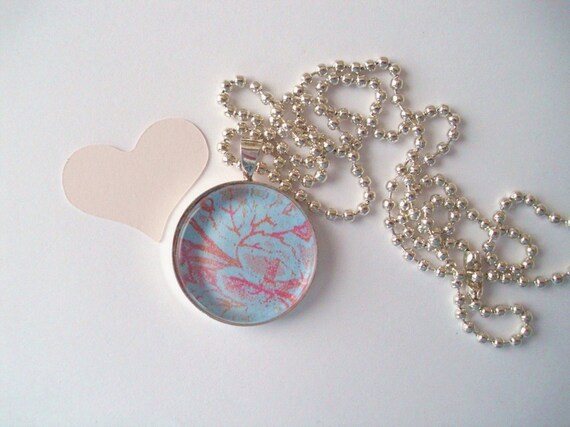 Glass Tile Pendant, Blue Abstract w/ Cabaret fuchsia and Tangerine tango - chain included