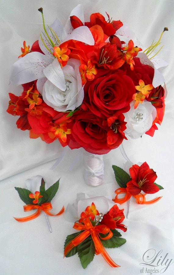 17pcs Wedding Bridal Bouquet Set Decoration Package Silk Flowers WHITE RED