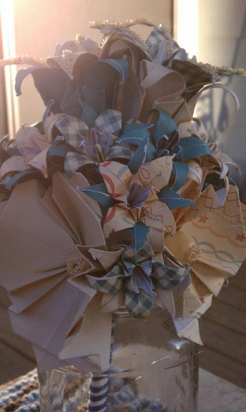 Romantic Creases Champagne and Teal Origami Floral Bouquet Arrangement