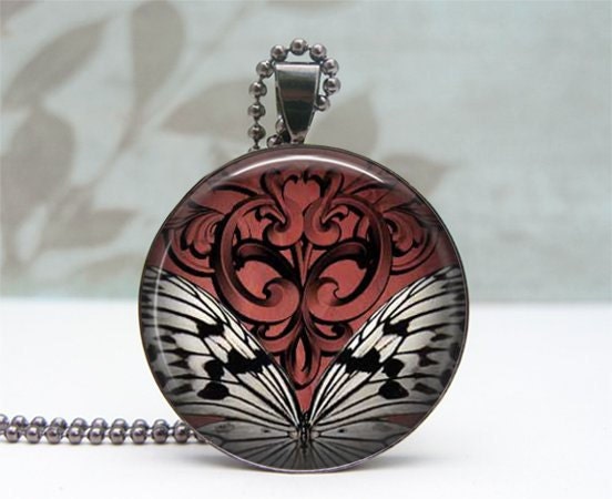 Goth Inspired Butterfly Necklace, Glass Dome Pendant Gunmetal, Picture Pendant, Photo Pendant, Wearable Art Jewelry by Lizabettas