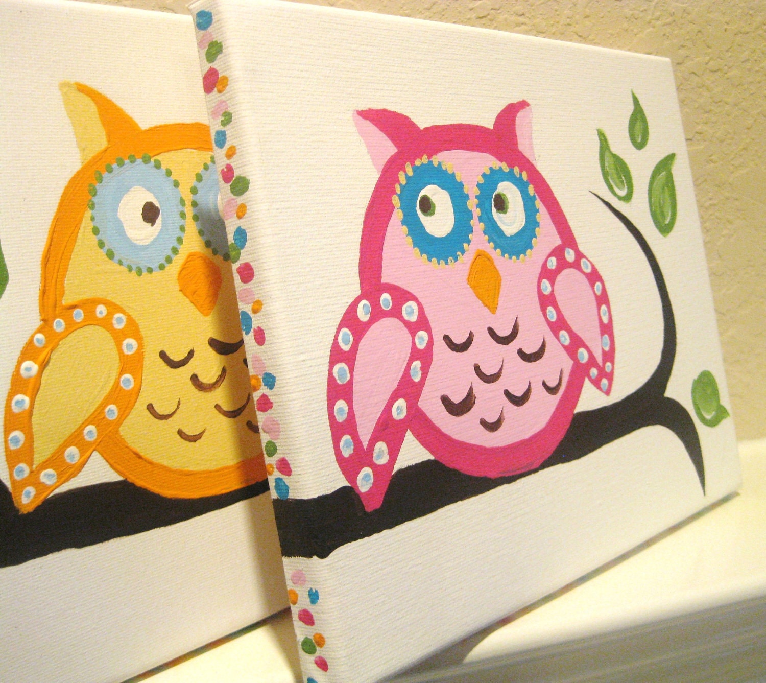 Owls on a limb, (set of 8), Acrylic on Canvas, MADE TO ORDER