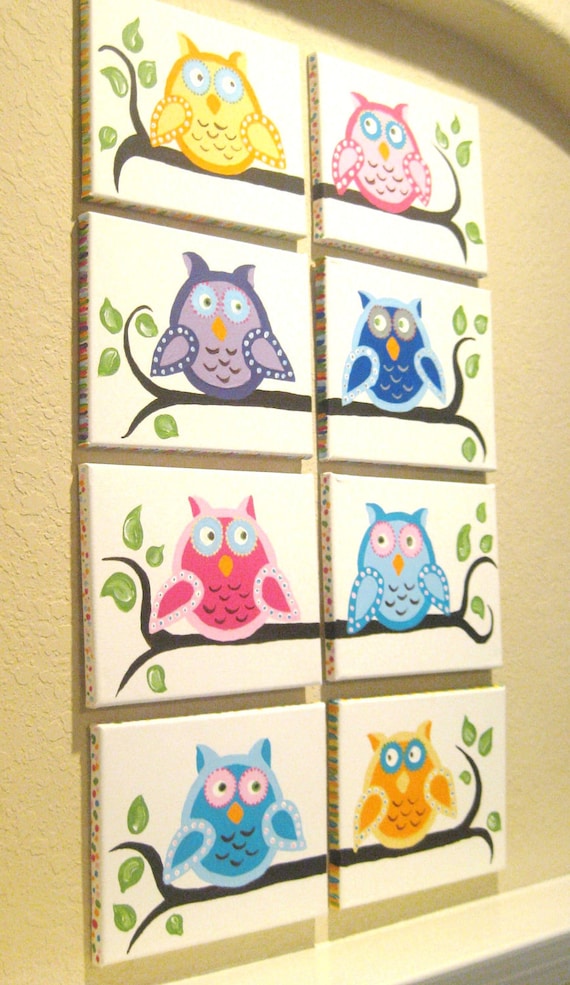 Owls on a limb, (set of 8), Acrylic on Canvas, MADE TO ORDER