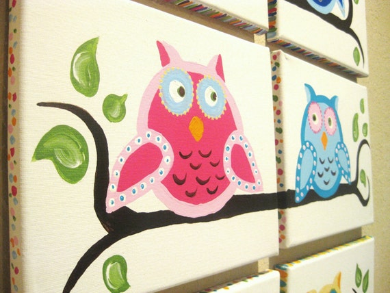 Owls on a limb, (set of 8), Acrylic on Canvas, MADE TO ORDER