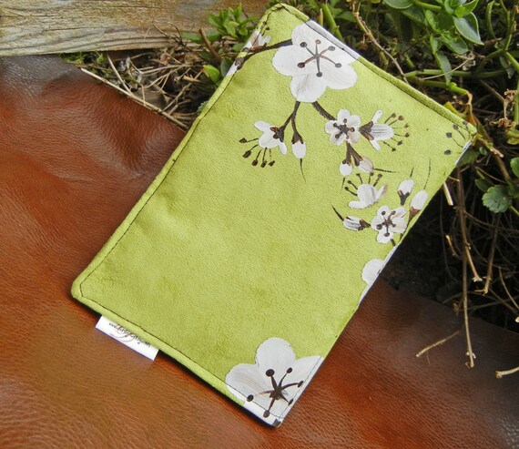 Kindle Fire Cover, Nook Cover, e-reader Cover-Kiwi Suede Padded Book Style Cover Hand Painted with Cherry Blossoms