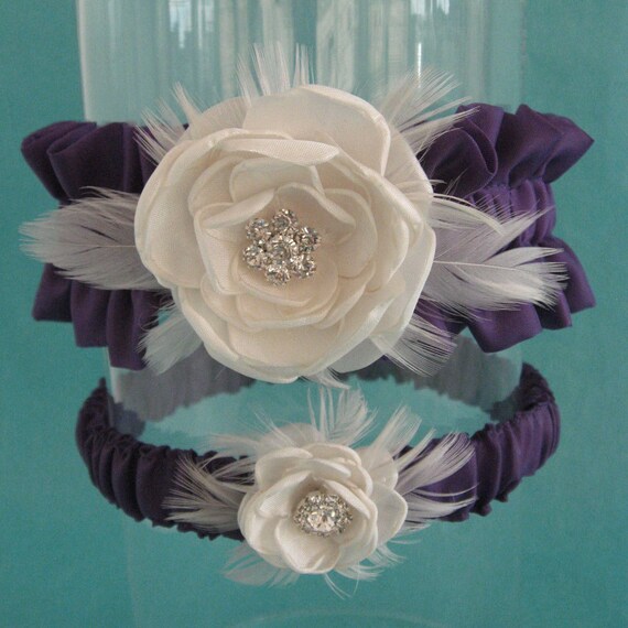 Plum Purple and Ivory Satin Feather Rose Wedding Garter Set B015 - bridal garter accessory