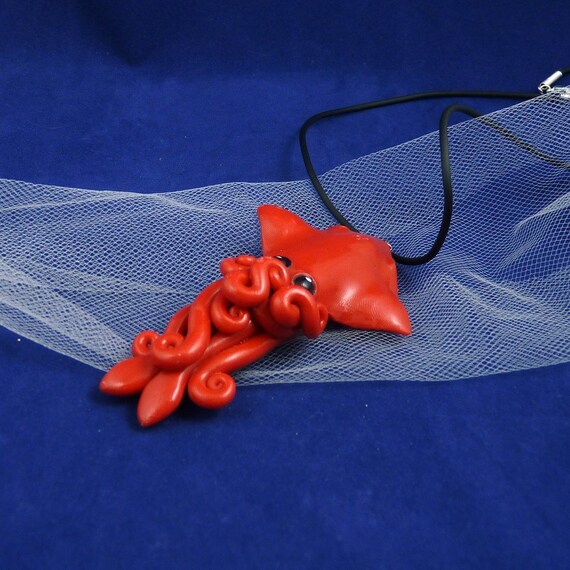 Crimson Squid Necklace - Polymer Clay Cephalopod Jewelry