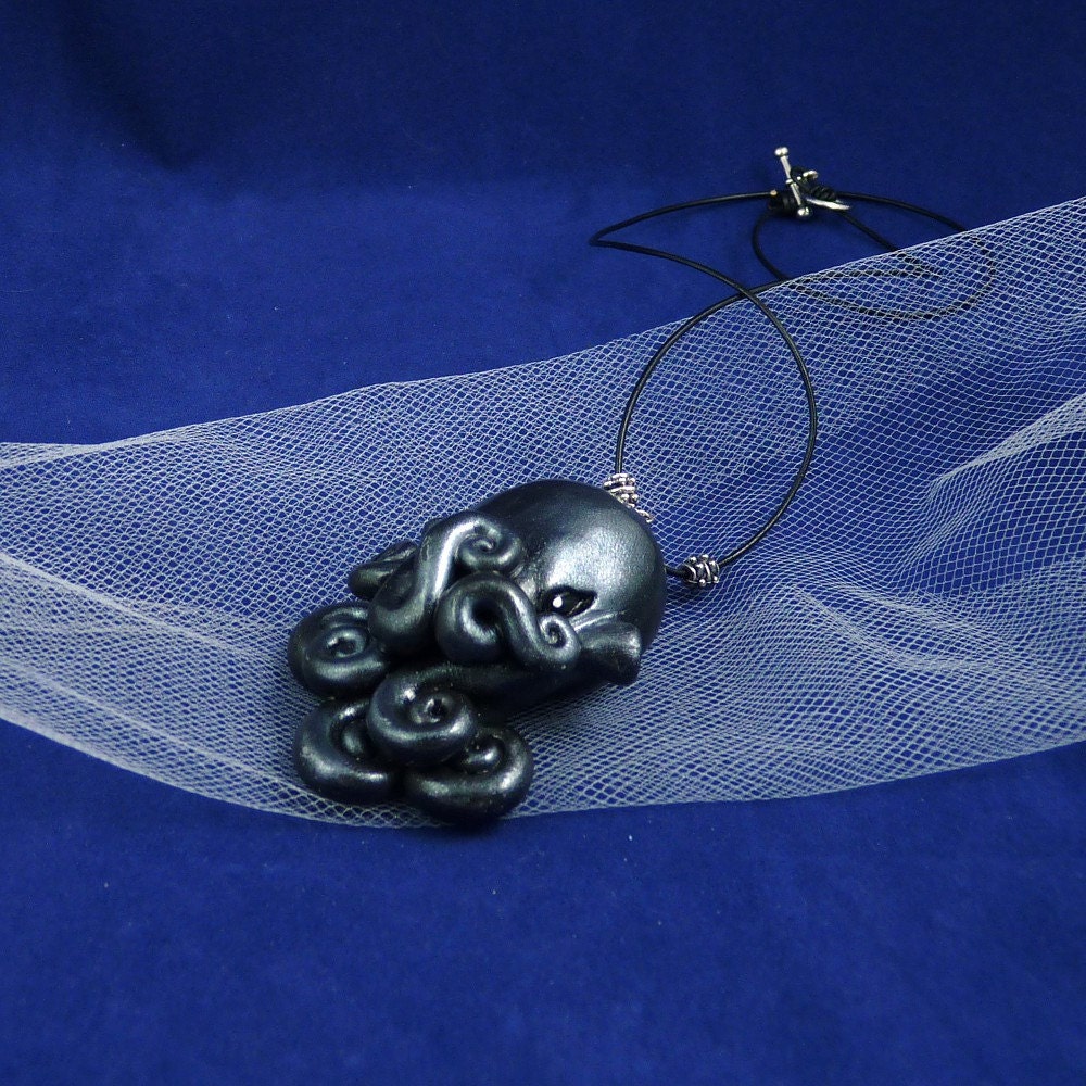 Antique Silver Octopus Necklace - Handmade Polymer Clay Jewelry