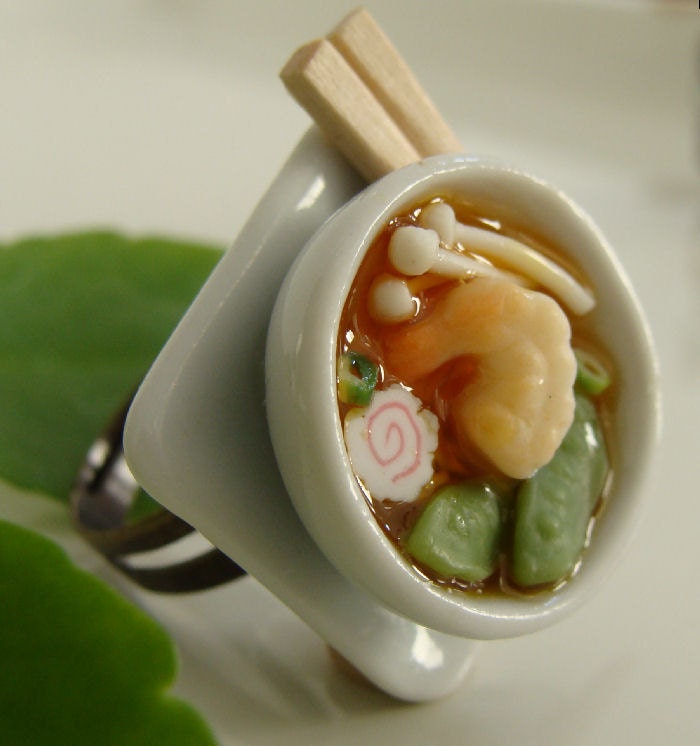 Shrimp Udon Soup with Chopsticks Ring - Miniature Food Polymer Clay Jewelry