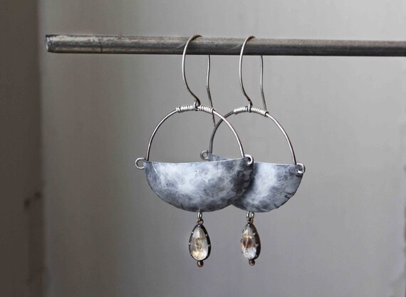 Cybele earrings large hand formed textured metal scoops and vintage crystal pendants
