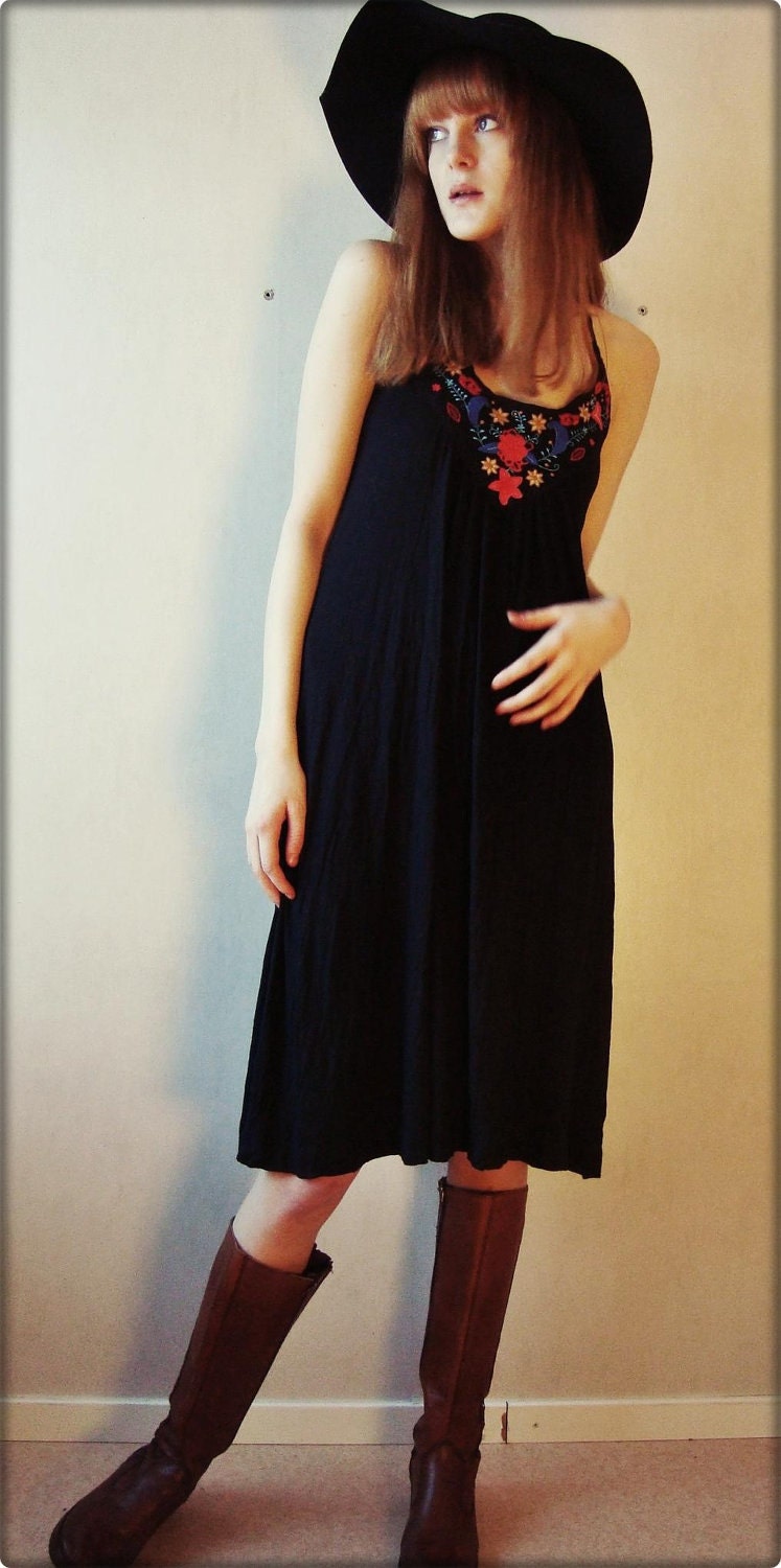 70s Embroidered Black Midi Dress
