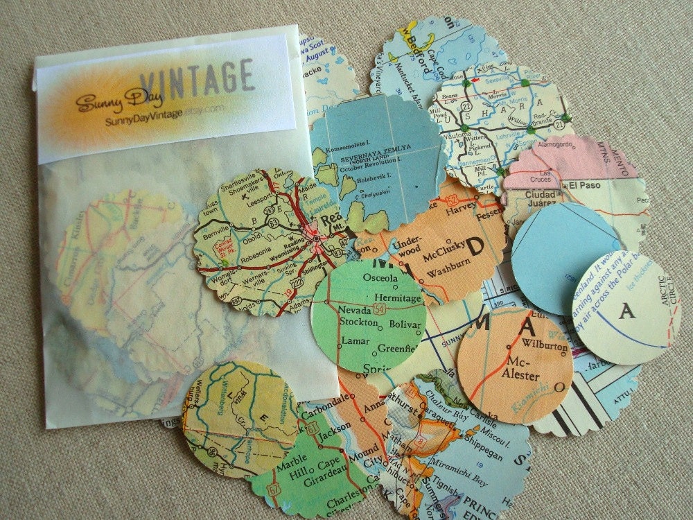 35 vintage map seals, stickers for envelopes & scrapbooks