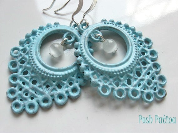 Shabby Chic Beach House Getaway - Rustic Blue Hand Painted Filigree Earrings