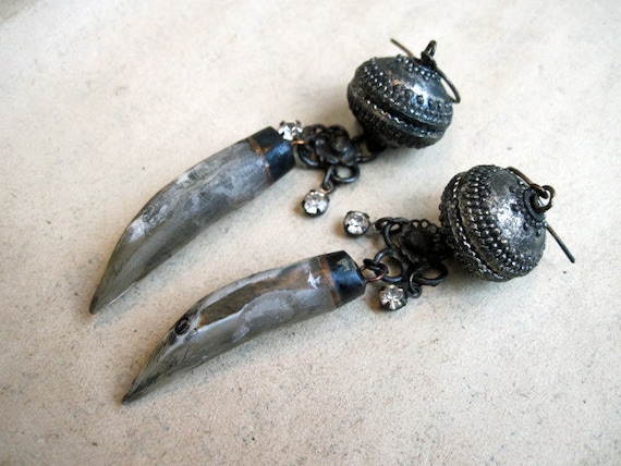 Aos Sí. Rustic Tribal Assemblage Dangles with Fang and Rhinestones.