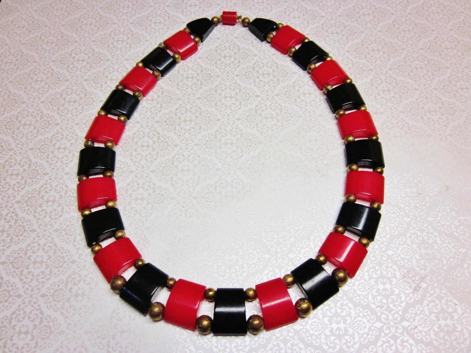 Vintage Art Deco Necklace Geometric Red and Black Celluloid 1930s Jewelry