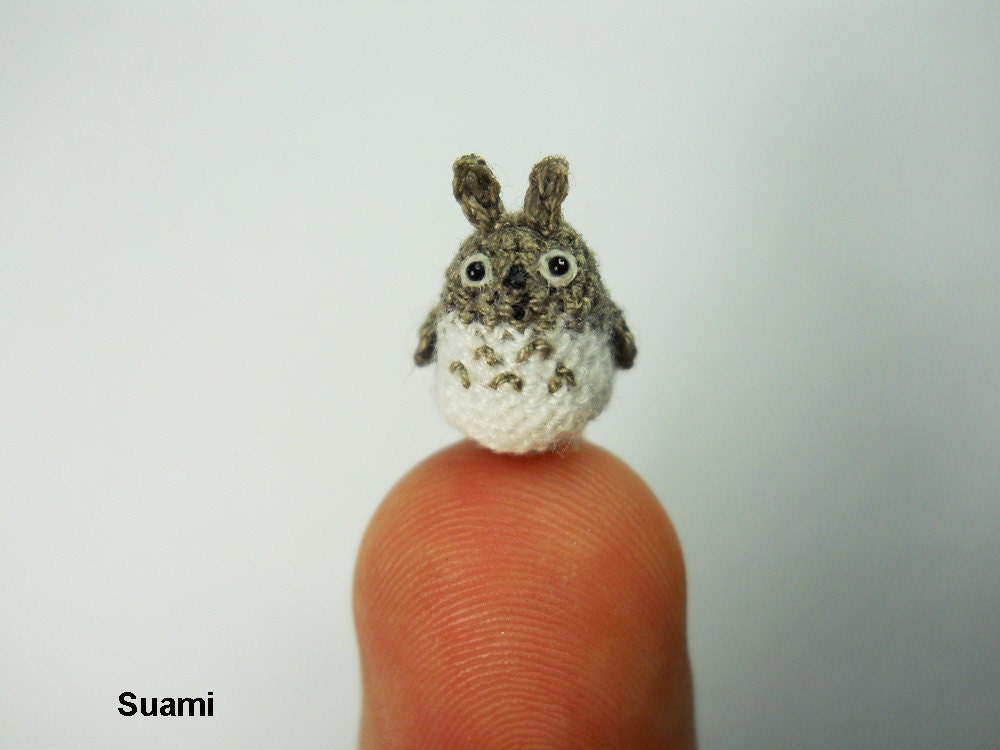 Micro Gray Totoro - Tiny Mini Dollhouse Miniature Animals - Crochet Woodland Rabbit - Made To Order