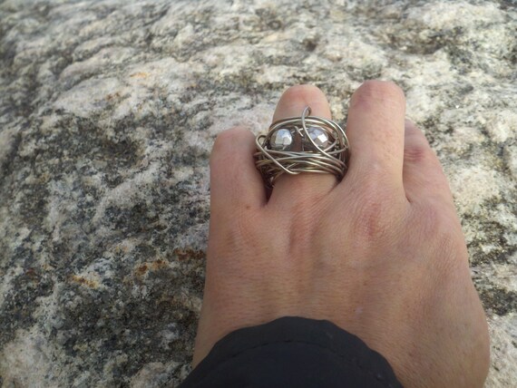 SALE Alpaca Silver Ring The Nebulus with faceted Mirror Polished Czech Crystal size 7.5US