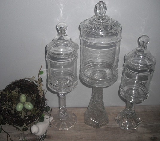 3 tall upcycled Wedding Candy Buffet apothecary Jars elegant glass 