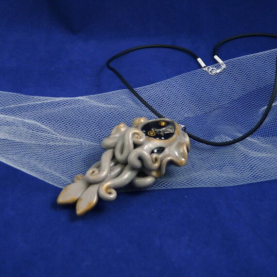 Steampunk Cuttlefish Necklace - Polymer Clay Jewelry Pendant