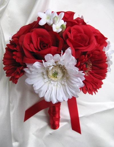 Wedding bouquet Bridal Silk flowers RED WHITE DAISY Bridesmaids boutonnieres 