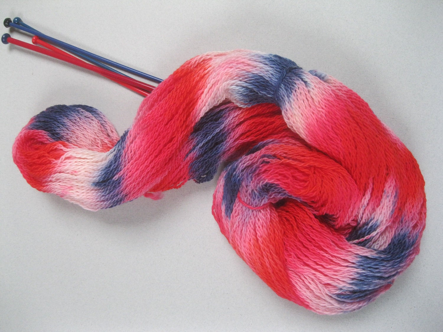 Hand dyed self striping fingering/ 4ply knitting yarn- 'Jubilant' red, white and blue