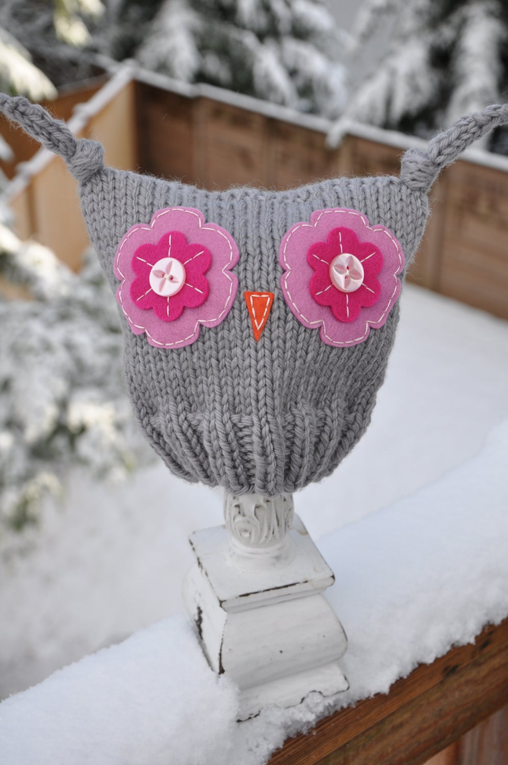 Ollie Owl Hat - Infant Sized, Light Grey with Rose Pink and Magenta Eyes
