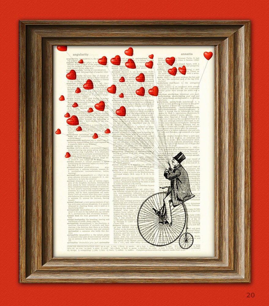 Flying Heart Art Print 'The Heart Thief' Valentine's Day Man on Penny Farthing Bike with birds illustration upcycled dictionary page book