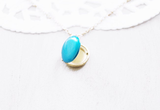 Teal Blue Enamel Locket - 16k Gold Plated Necklace