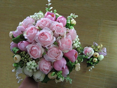 Large Silk Bridal Bouquet Pink Roses White and Pink Tulips White 