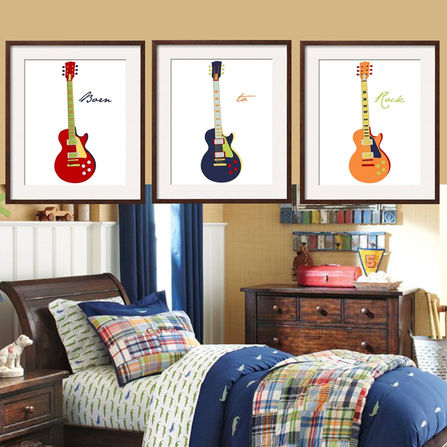 Guitar Prints Nursery -Toddler Wall Art in navy red orange yellow blue 3 pc 11x14 Matches Pottery Barn Madras bedding. By YassisPlace.