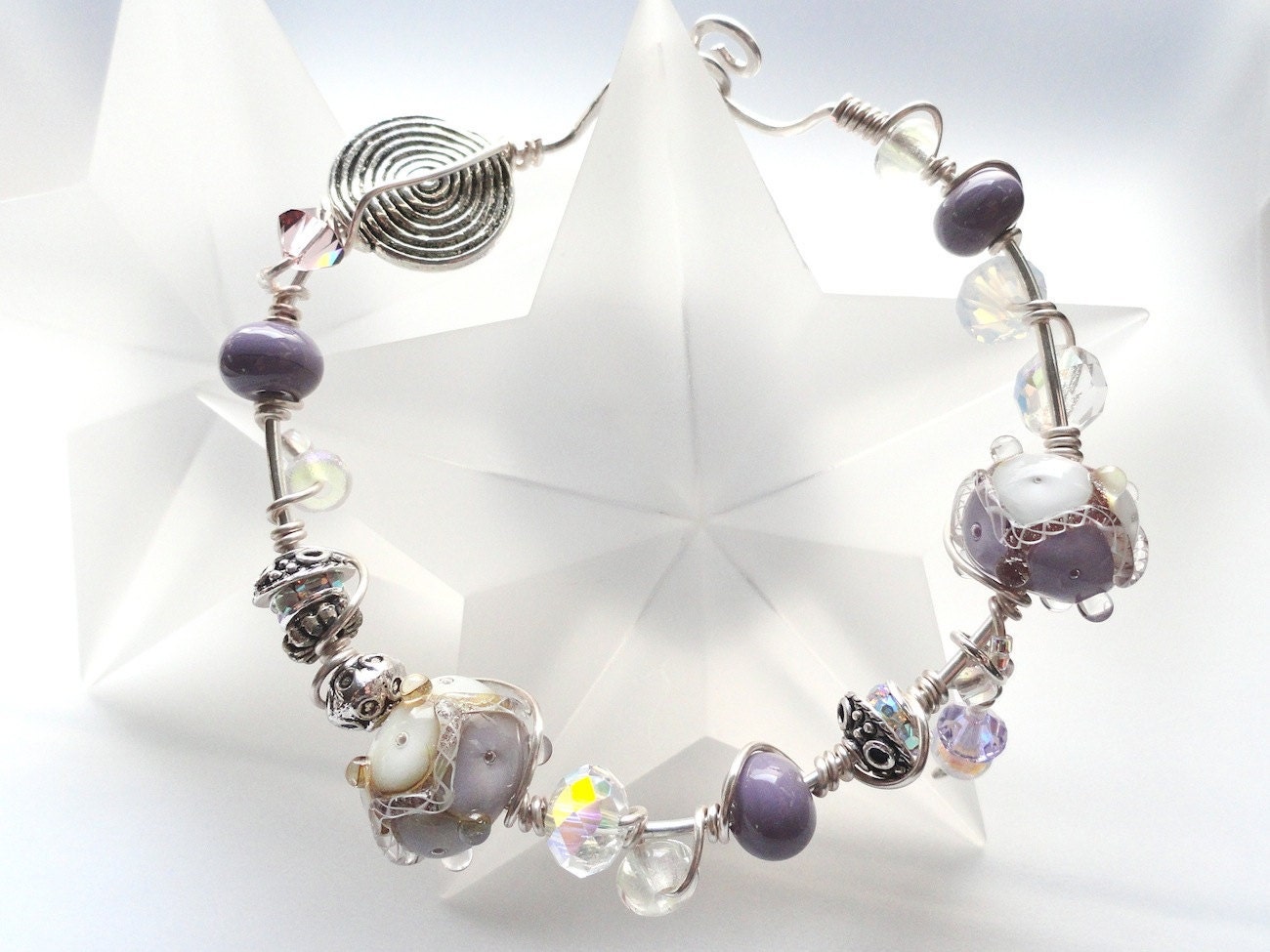 Whispers of Lilac Lampwork Bead Wire Wrapped SS Bracelet